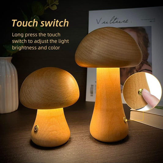 ooden Mushroom LED Night Light – Touch Switch Bedside Lamp for Kids & Home