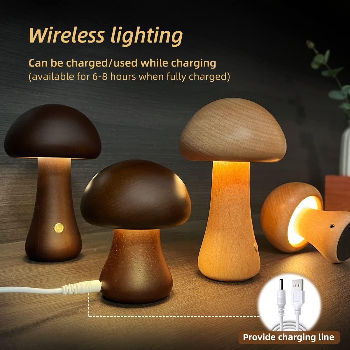 ooden Mushroom LED Night Light – Touch Switch Bedside Lamp for Kids & Home
