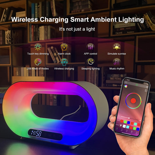 3-in-1 Smart LED Night Light – APP Control RGB Desk Lamp with Wireless Charger & Alarm Clock
