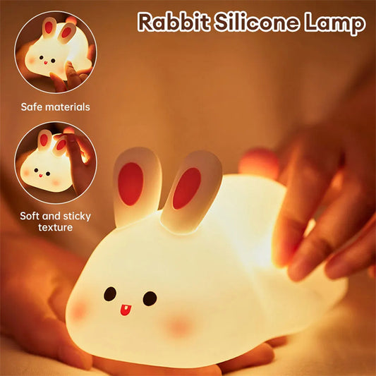 Cute LED Cartoon Rabbit Night Light – Touch Sensor Silicone Lamp for Kids