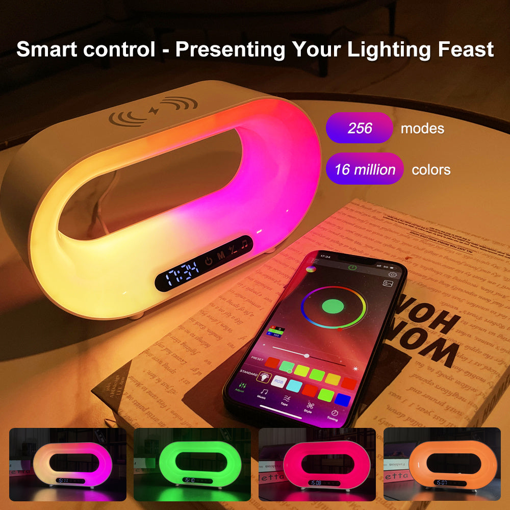 3-in-1 Smart LED Night Light – APP Control RGB Desk Lamp with Wireless Charger & Alarm Clock