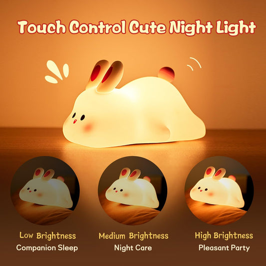 Cute LED Cartoon Rabbit Night Light – Touch Sensor Silicone Lamp for Kids
